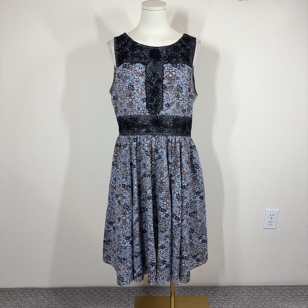 EShakti Dress Womens Medium Blue Floral Fit Flare Midi Pockets Boho Cottage